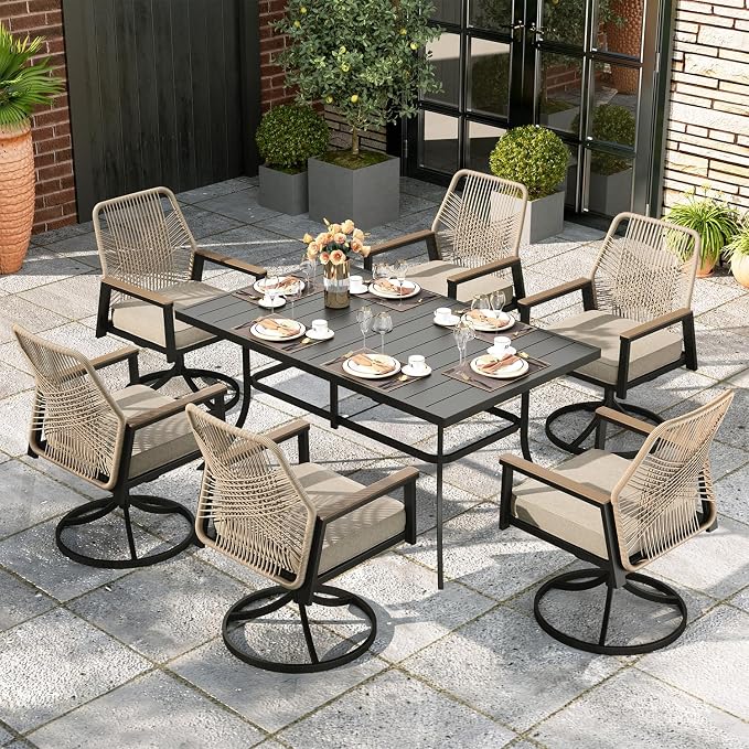 7 Pieces Outdoor Patio Dining Set, Wicker Patio Table and Chairs Set of 6 by MIXPATIO