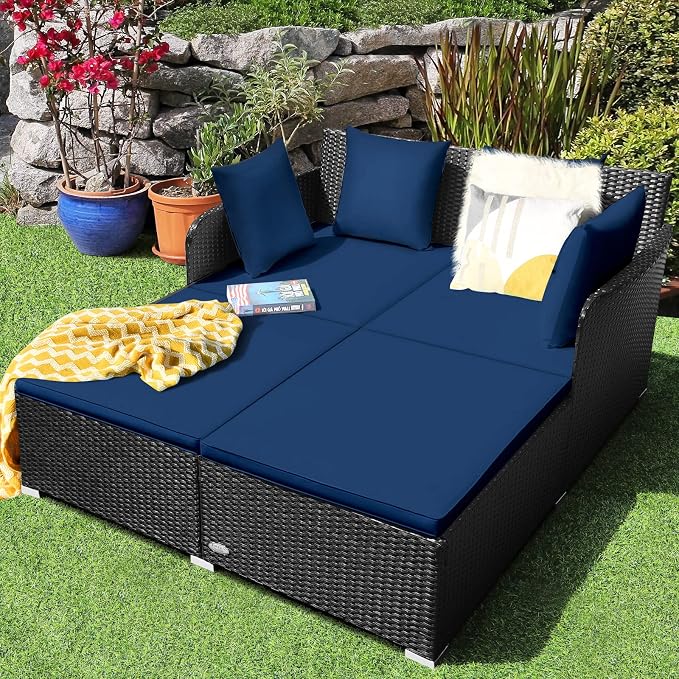 HAPPYGRILL Patio Rattan Daybed Outdoor Loveseat Sofa Set - Image 2