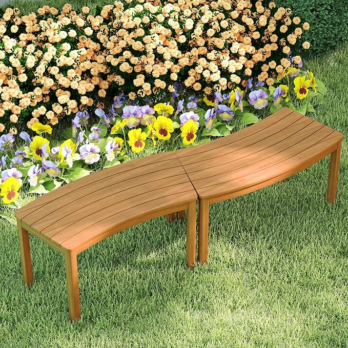 Tangkula Acacia Wood Outdoor Curved Bench Set of 2, Patio Garden Backless Fire by TANGKULA