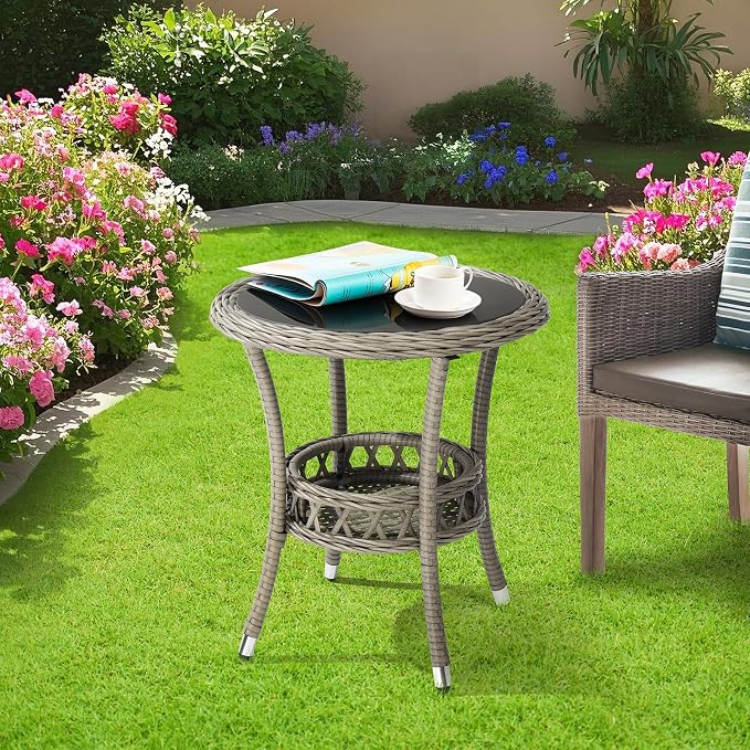 VINGLI Outdoor Wicker Side Table, Patio Side Tables - Image 2