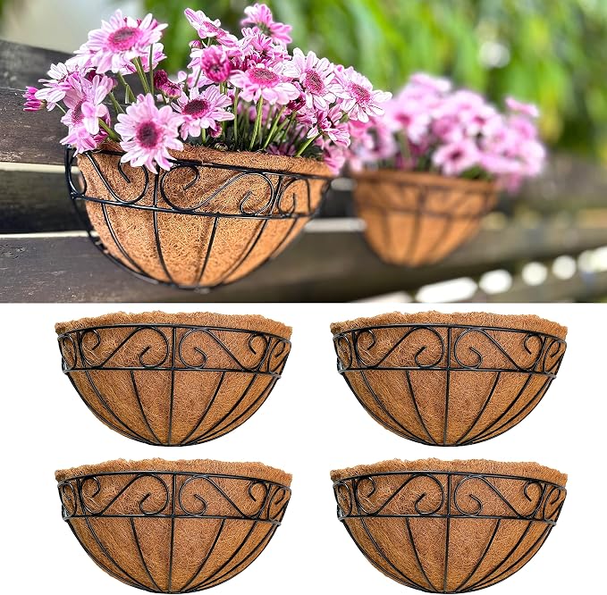 LaLaGreen 16 Inch Wall Mounted Flower Baskets, 4 Pack, Large Railing Planter by L%C3%A1L%C3%A1Green