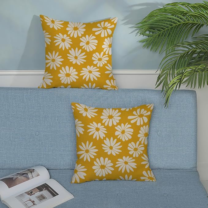 Mustard Yellow Pillow Covers 18x18 Inch 2 Pcs Daisy Floral Summer Outdoor Decor - Image 3