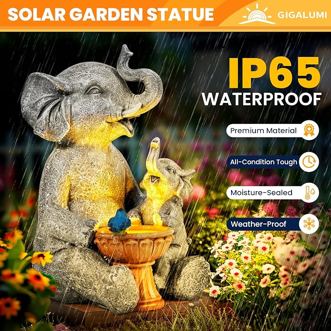 GIGALUMI Solar Garden Statues Bird Bath Elephant 9", Loving Elephant Decor - Image 3