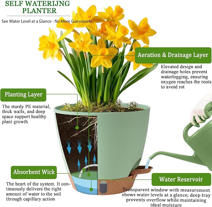 Self Watering Pots for Inoor Ourdoor Plants 8/7/6.5/6/5 Inch Plastic Planters - Image 3