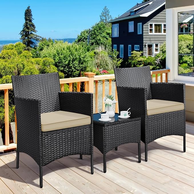 Yaheetech 3 Pieces Patio Conversation Set, Outdoor Rattan Bistro Furniture - Image 2