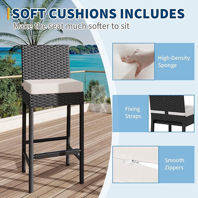 GarveeLife Wicker Woven Outdoor Bar Stools Set of 2, Rattan Patio Stools & - Image 6