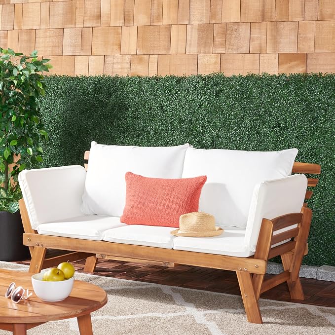SAFAVIEH Outdoor Collection Emely Natural Acacia Wood/Beige Cushion Expandable - Image 2