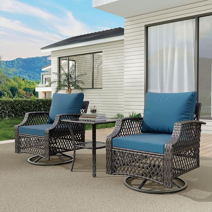 HOMREST 3 Piece Outdoor Swivel Chair Set, Wicker Patio Bistro Set by HOMREST