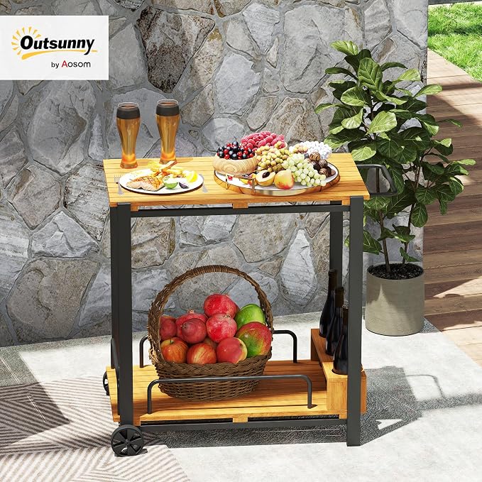 Outsunny Acacia Wood Outdoor Bar Cart, Rolling 2-Tier Outdoor Bar Table - Image 2