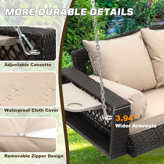 Grepatio 3 Person Porch Swing Patio Wicker Hanging Porch Swing Chair Outdoor - Image 2