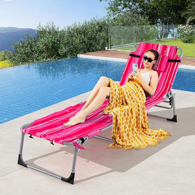 GYMAX Tanning Chair, 330LBS Beach Lounge Chair w/Face Arm Hole & Shoulder Strap - Image 9