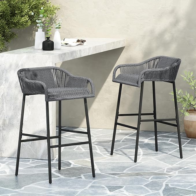 Christopher Knight Home Sivir Outdoor Barstool Set of 2, Patio Woven Rope Bar - Image 9