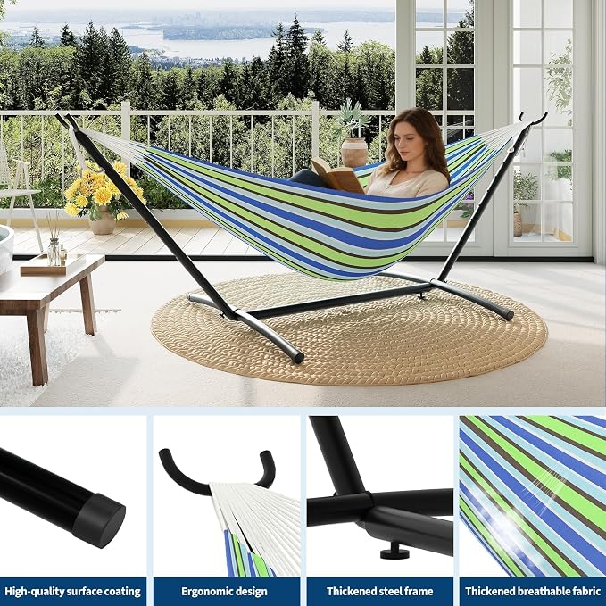 Double Hammocks with Stand for Outside, Portable Space Saving Heavy-Duty Steel - Image 3