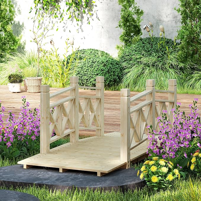 5FT Wooden Garden Bridge with Handrails, Decorative Landscape Footbridge - Image 5