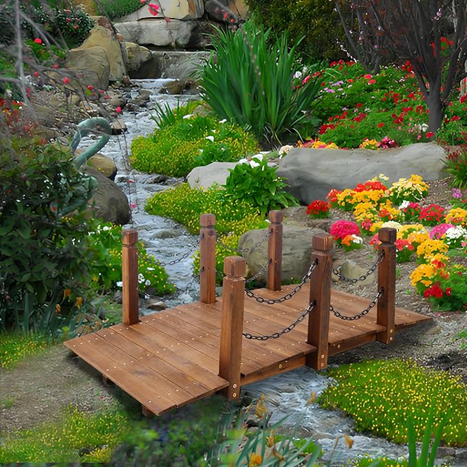 5 FT Wooden Garden Bridge, Stained Finish Decorative Pond Bridge, Stained Wood - Image 4
