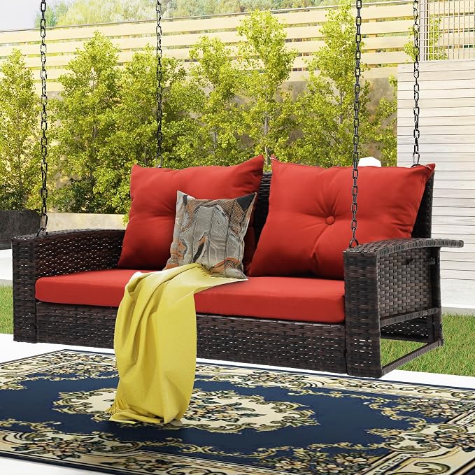 DWVO Hanging Porch Swing Chair Outdoor Wicker Rattan Patio Swing Lounge 2 Seats - Image 7