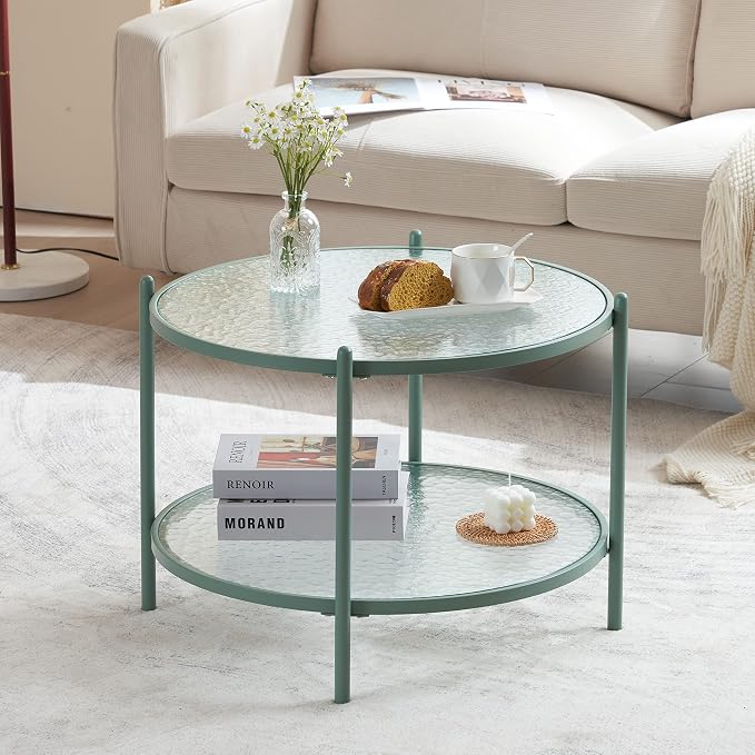 VINGLI 25.6" Small Light Bright Green Round Coffee Table Water-Wave Glass by VINGLI