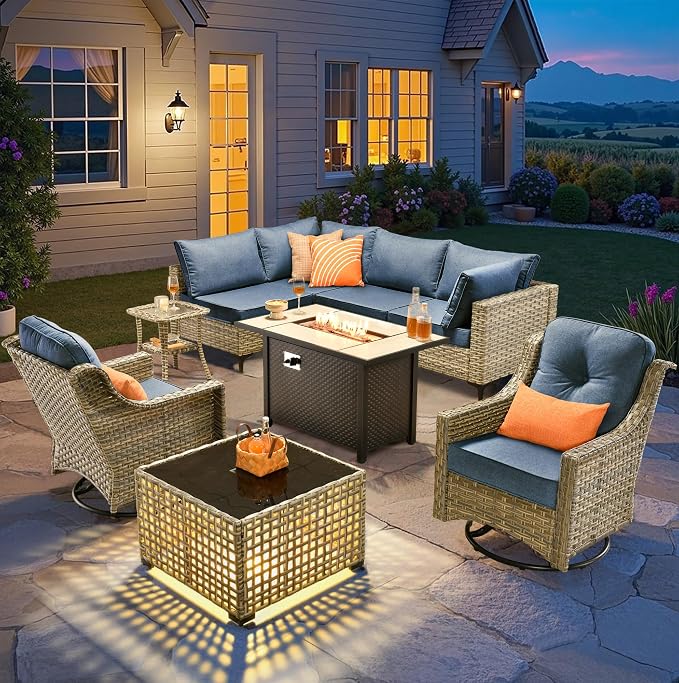 9-Piece Outdoor Sectional Sofa Set w/ 42" Fire Pit – L-Shaped Wicker Patio by CAODOCPatioFurniture