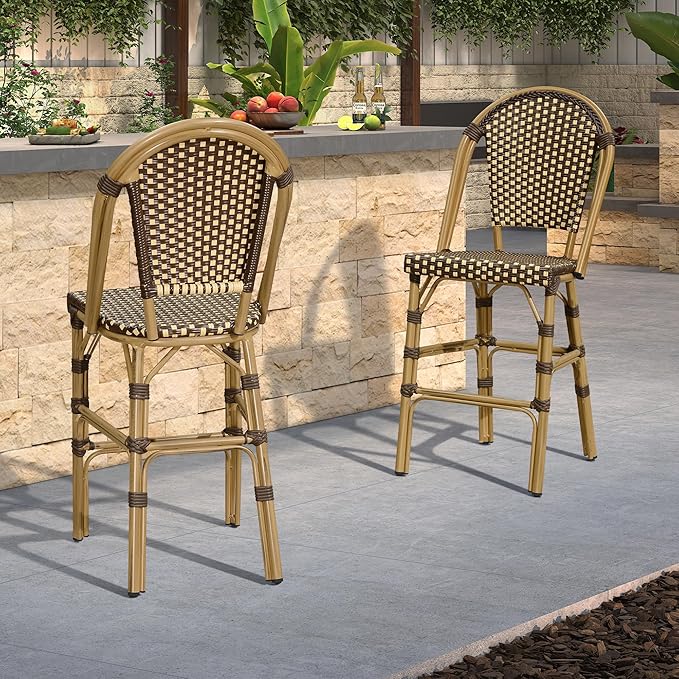 PURPLE LEAF French Bar Stool Set of 2 Bamboo Print Finish Patio Bar Stools - Image 3