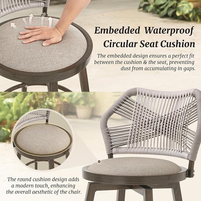 360° Swivel Outdoor Bar Stools Set of 3, Modern Aluminum Wicker Bar Stool - Image 5