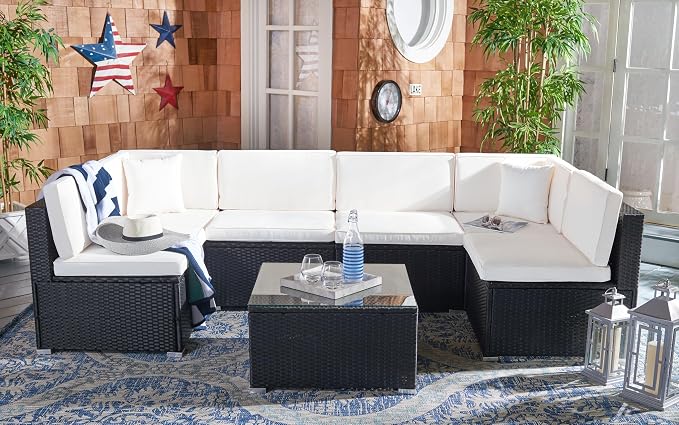 SAFAVIEH Outdoor Sectional Diona Black/White Outdoor Living Set - Image 2
