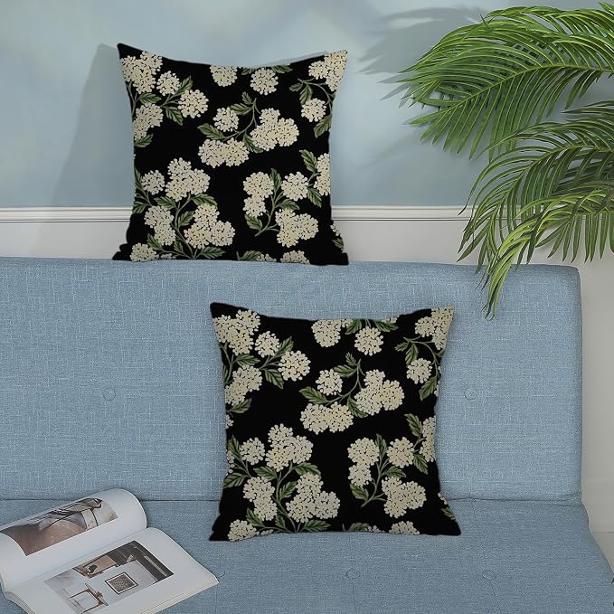 Black Spring Pillow Covers 18x18 Inch 2 Pcs Green Hydrangea Flower Decor Throw - Image 3