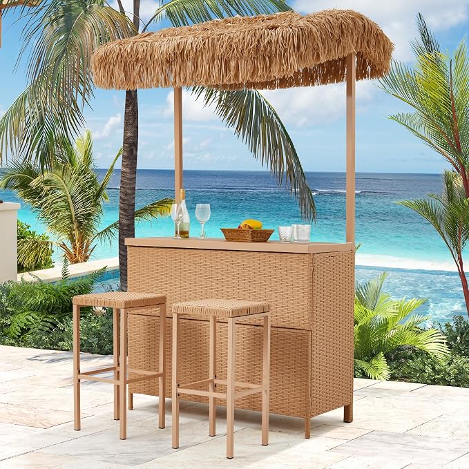 HOMREST Outdoor Tiki Bar Set, 3 Pieces Wicker Patio Bar Set w/2 Height Stools by HOMREST