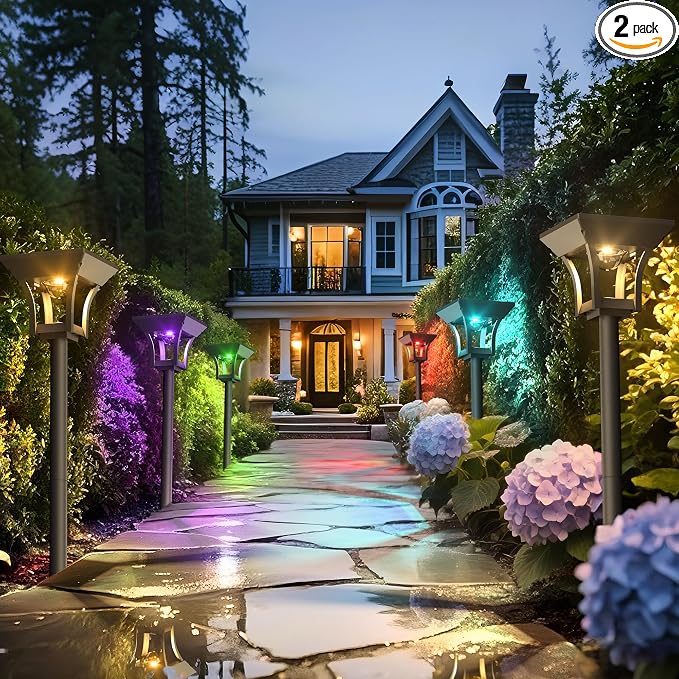 CINOTON 2 Pack RGBCW Solar Pathway Outdoor Lights, 3 Lighting Modes Solar LED by CINOTON