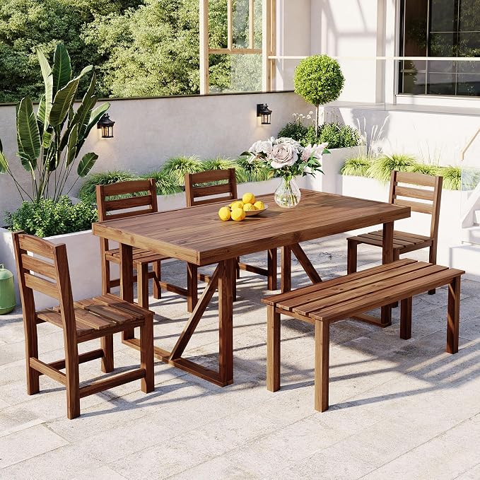 Outdoor Dining Set for 6, Acacia Wood Patio Dining Table Set by RuiSiSi