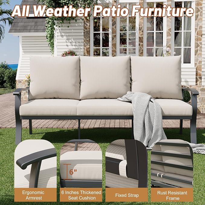 HOMREST Outdoor Couch Aluminum Patio Furniture Sofa, 3-Seat All-Weather Metal - Image 4