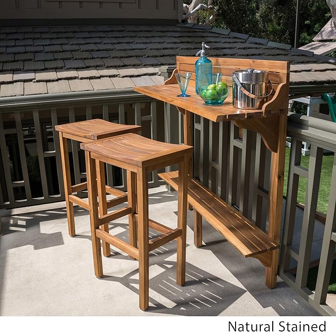 Christopher Knight Home Caribbean Outdoor Acacia Wood Balcony Bar Set, 3-Pcs Set - Image 3