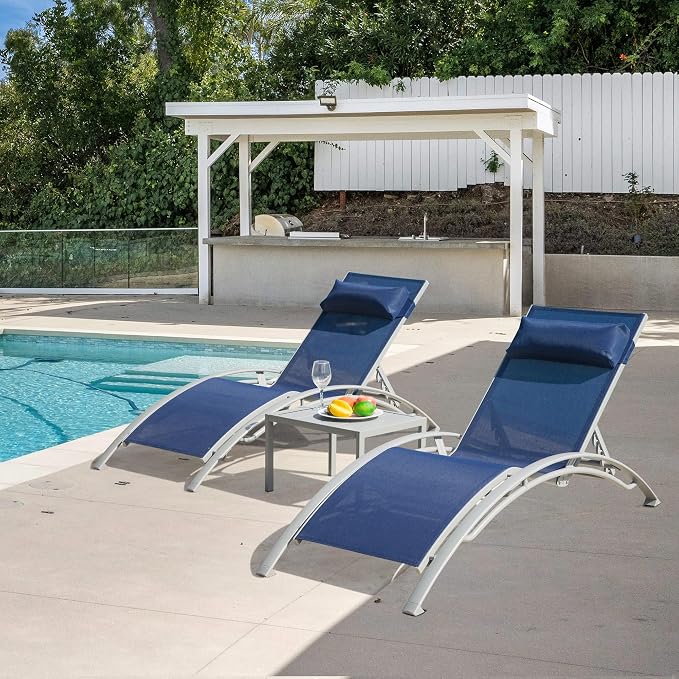 Domi Pool Lounge Chairs Set of 3, Adjustable Aluminum Outdoor Chaise Lounge by domioutdoorliving