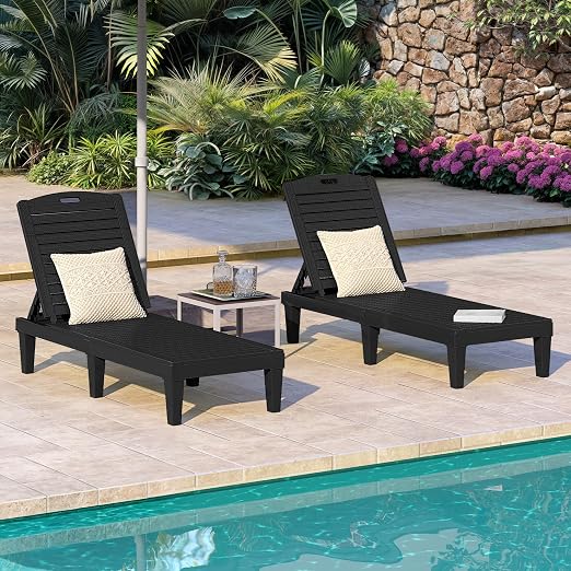 DWVO Outdoor Plastic Chaise Lounger, Poolside Lounge Chair w/5-Position - Image 2