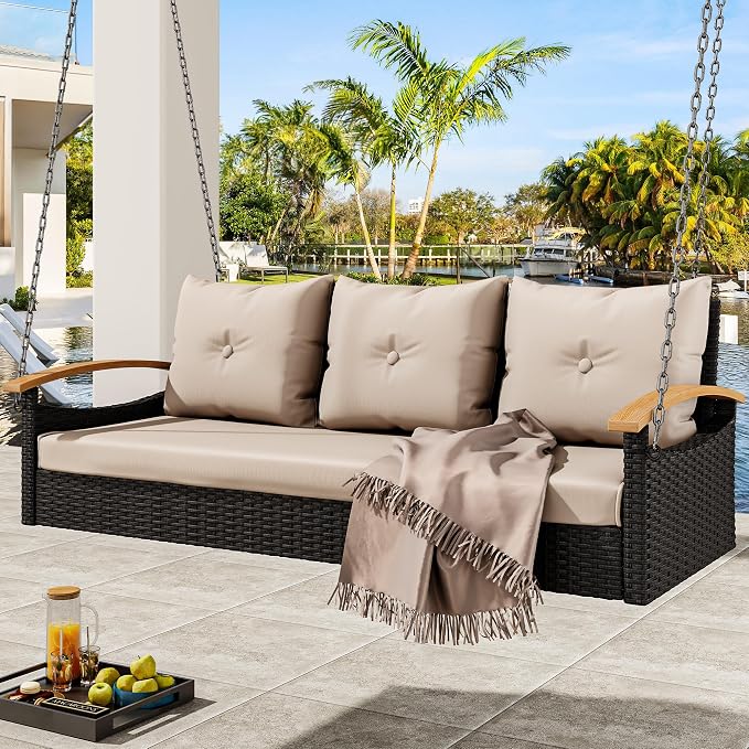 YITAHOME Porch Swing with Cushion 3-Seats Front Hanging Wicker Swing Rattan by YITAHOME