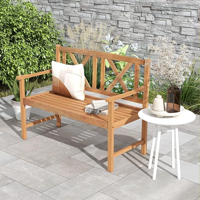 Tangkula Patio Acacia Wood Bench, 2-Person Outdoor Loveseat Chair, Cozy Armrest - Image 2