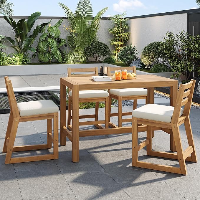 Merax 5-Piece Outdoor Patio Bar Set, Acacia Wood Bistro Table and Chairs - Image 2