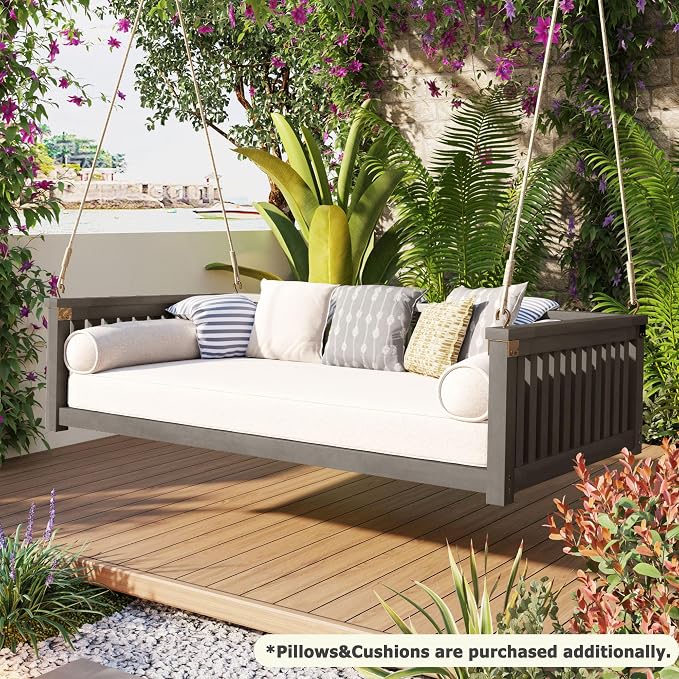 Patio Twin Size Garden Swing Daybed, Acacia Wood Porch Swing - Image 4