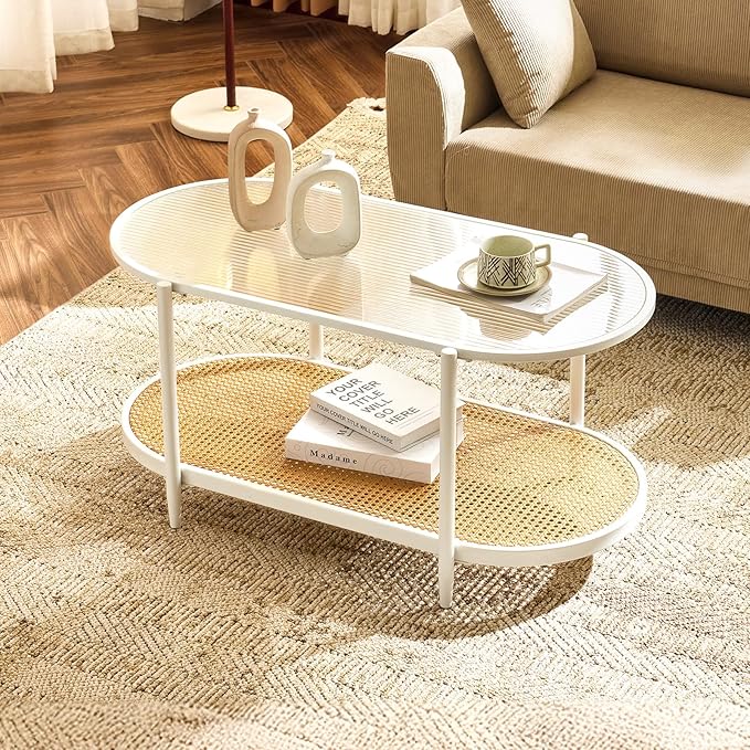 VINGLI 38" Rattan Oval Coffee Table, Glass Metal Center Table, Modern Coffee by VINGLI