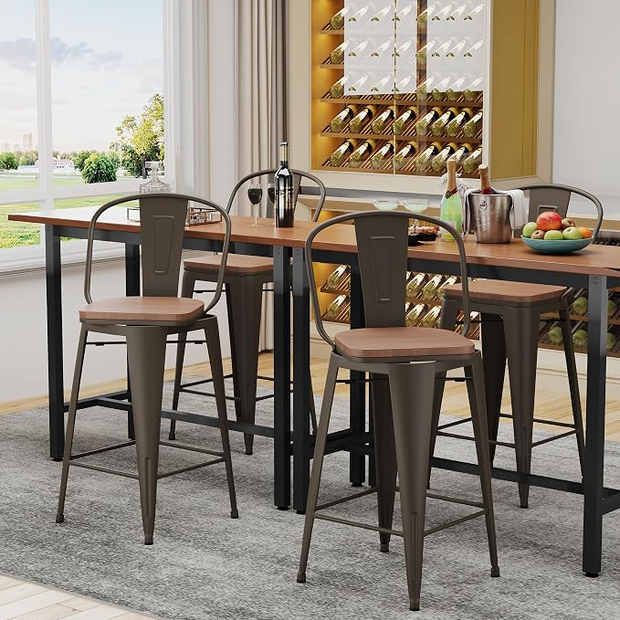 Alunaune 24" Swivel Metal Counter Height Bar Stools Set of 4 High Back - Image 3