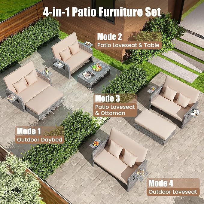 LDAILY Moccha Outdoor Daybed, Wicker Loveseat Sofa Set - Image 5