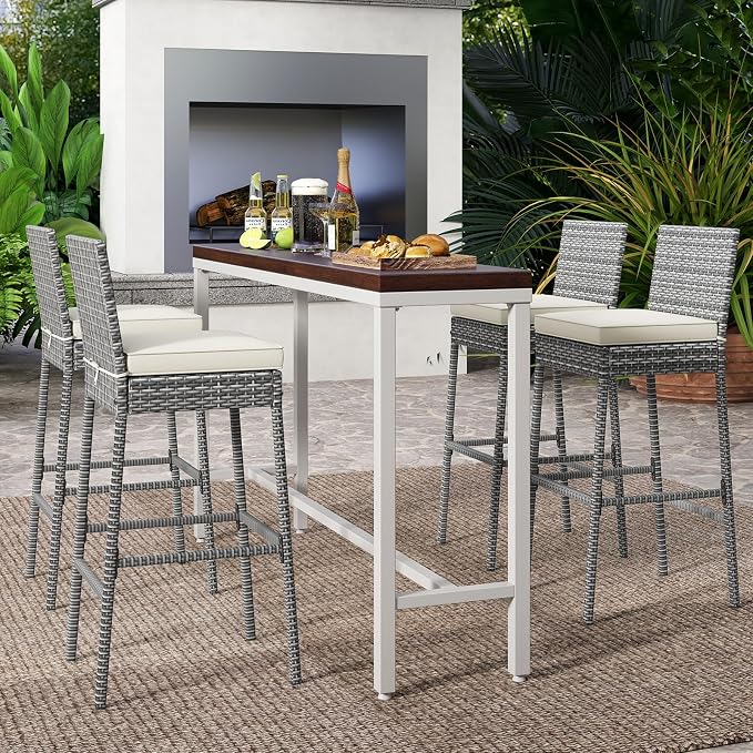 Tangkula Set of 2 Patio Wicker Barstools, Outdoor Bar Height Chair w/Soft Seat - Image 8