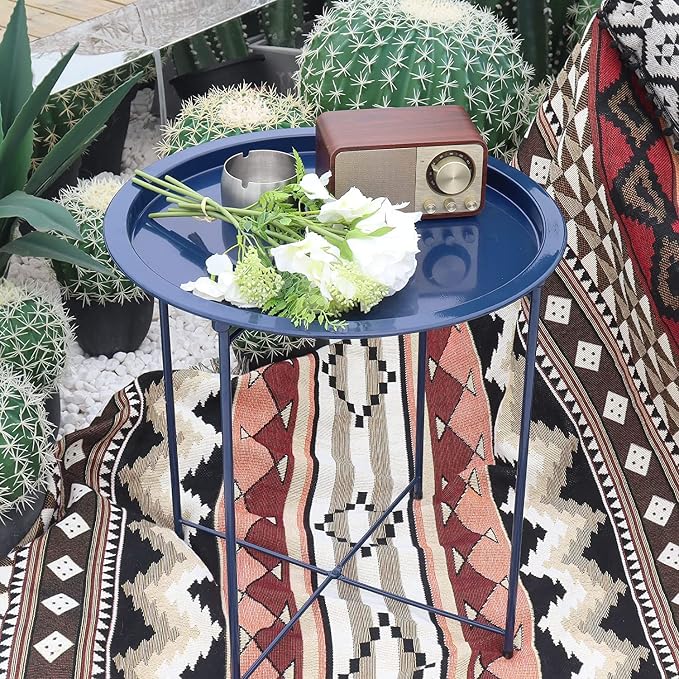Garden 4 you End Table 2 PCS Metal Side Table Dark Blue Round Folding Tray Cyan - Image 7