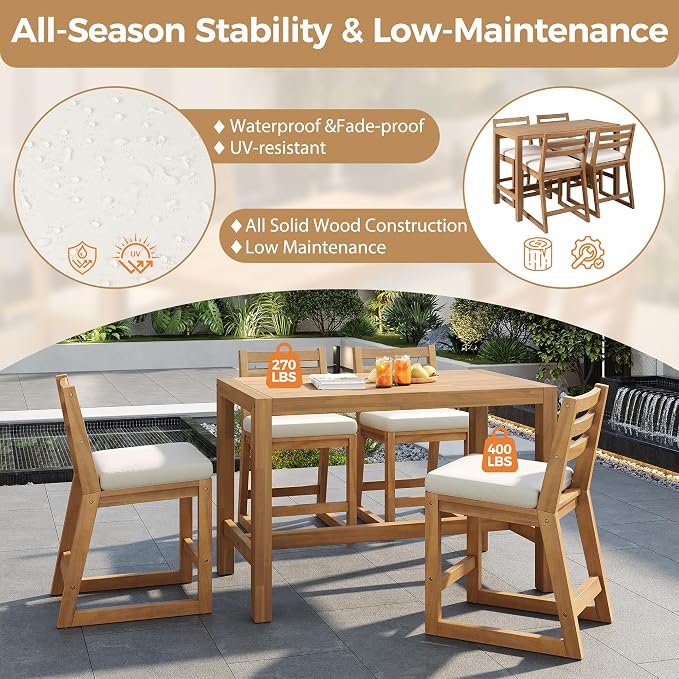 Merax 5-Piece Outdoor Patio Bar Set, Acacia Wood Bistro Table and Chairs - Image 5