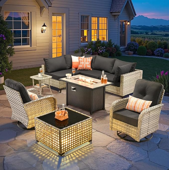 9-Piece Outdoor Sectional Sofa Set w/ 42" Fire Pit – L-Shaped Wicker Patio by CAODOCPatioFurniture