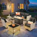 9-Piece Outdoor Sectional Sofa Set w/ 42" Fire Pit – L-Shaped Wicker Patio by CAODOCPatioFurniture