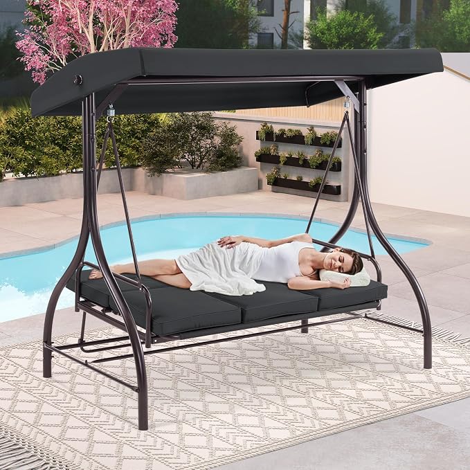 MCombo 3-Seat Outdoor Patio Swing Chair, 2-in-1 Convertible Porch Swing Glider - Image 3