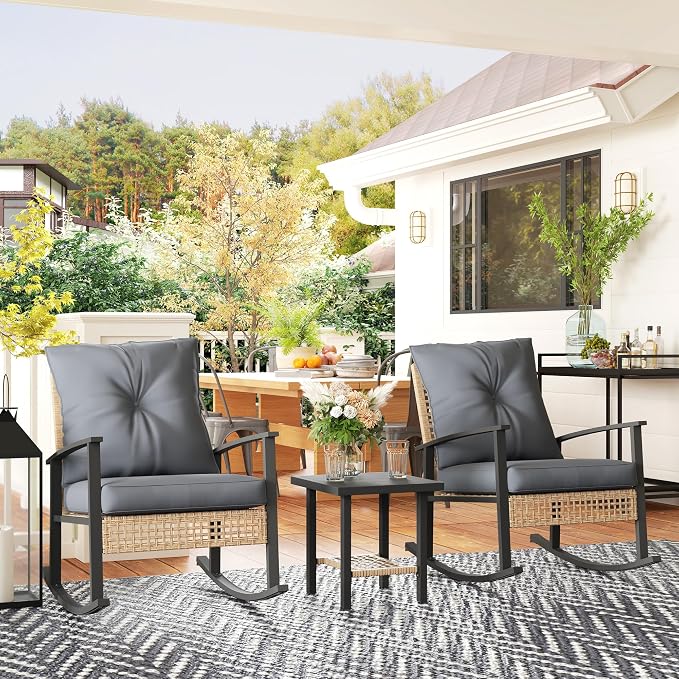 Outsunny 3 Pieces Rocking Wicker Outdoor Bistro Set, Rattan Patio Furniture Set - Image 9