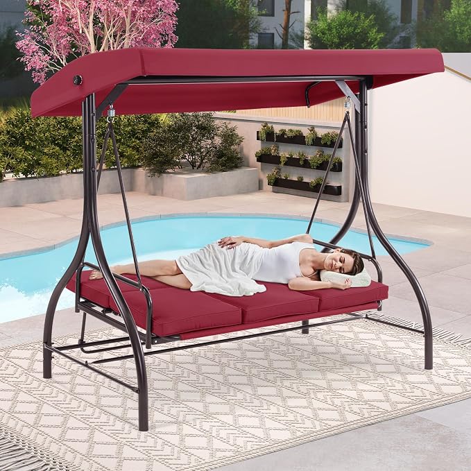 MCombo 3-Seat Outdoor Patio Swing Chair, 2-in-1 Convertible Porch Swing Glider - Image 3