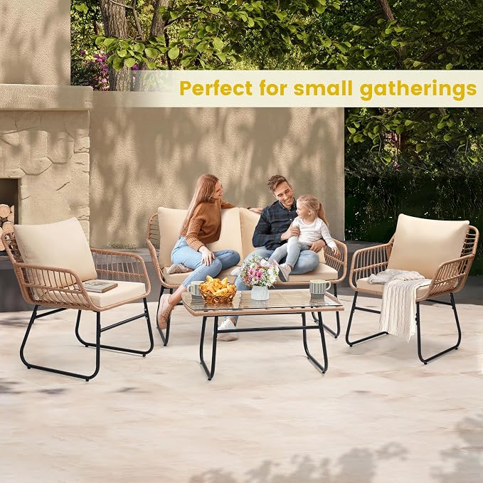 Kromax 4 Piece Patio Bistro Outdoor Furniture Set, Wicker Sofa, 2 Rattan Chairs - Image 3