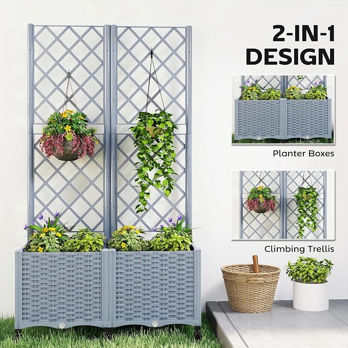 Outsunny Planter Box with Trellis, Self Watering Raised Garden Bed with - Image 3